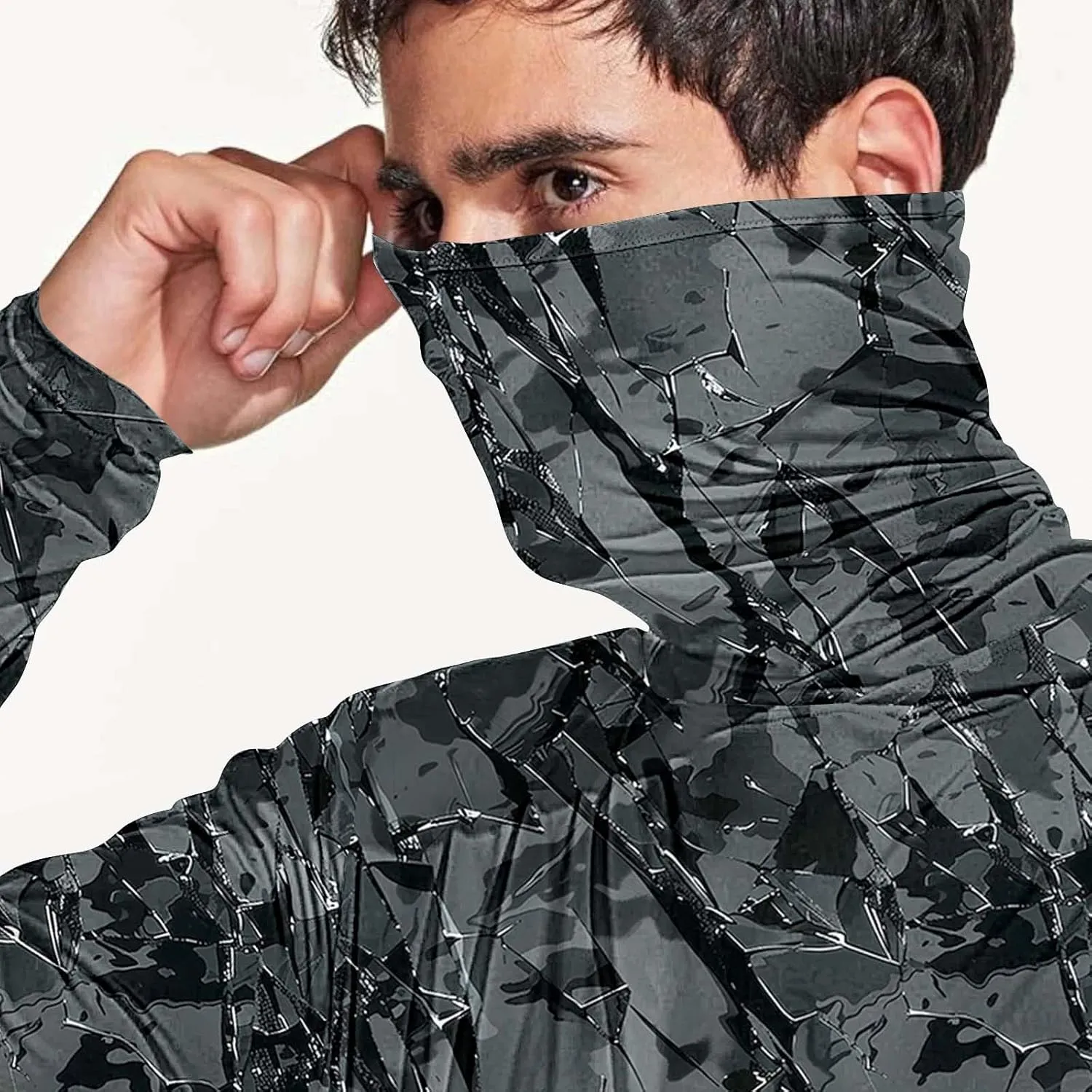 Fishing Shirts for Men UPF 50  Sun Protection Hooded Shirt with Mask Rash Guard Long Sleeve Hiking Cooling Blouses