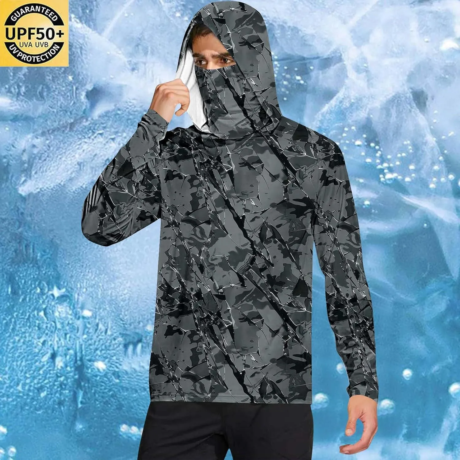 Fishing Shirts for Men UPF 50  Sun Protection Hooded Shirt with Mask Rash Guard Long Sleeve Hiking Cooling Blouses