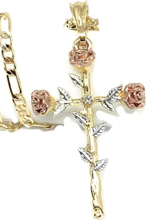 Fran & Co. Gold Plated Tri-Color Rose Flower CZ Cross Crucifix 24" Chain Cruz Crucifijo Rosa Flor