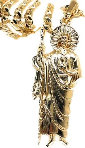 Fran & Co. Jewelry Gold Plated Big Saint Jude Pendant Necklace Figaro 26" San Judas Tadeo Medalla XL Cadena Oro