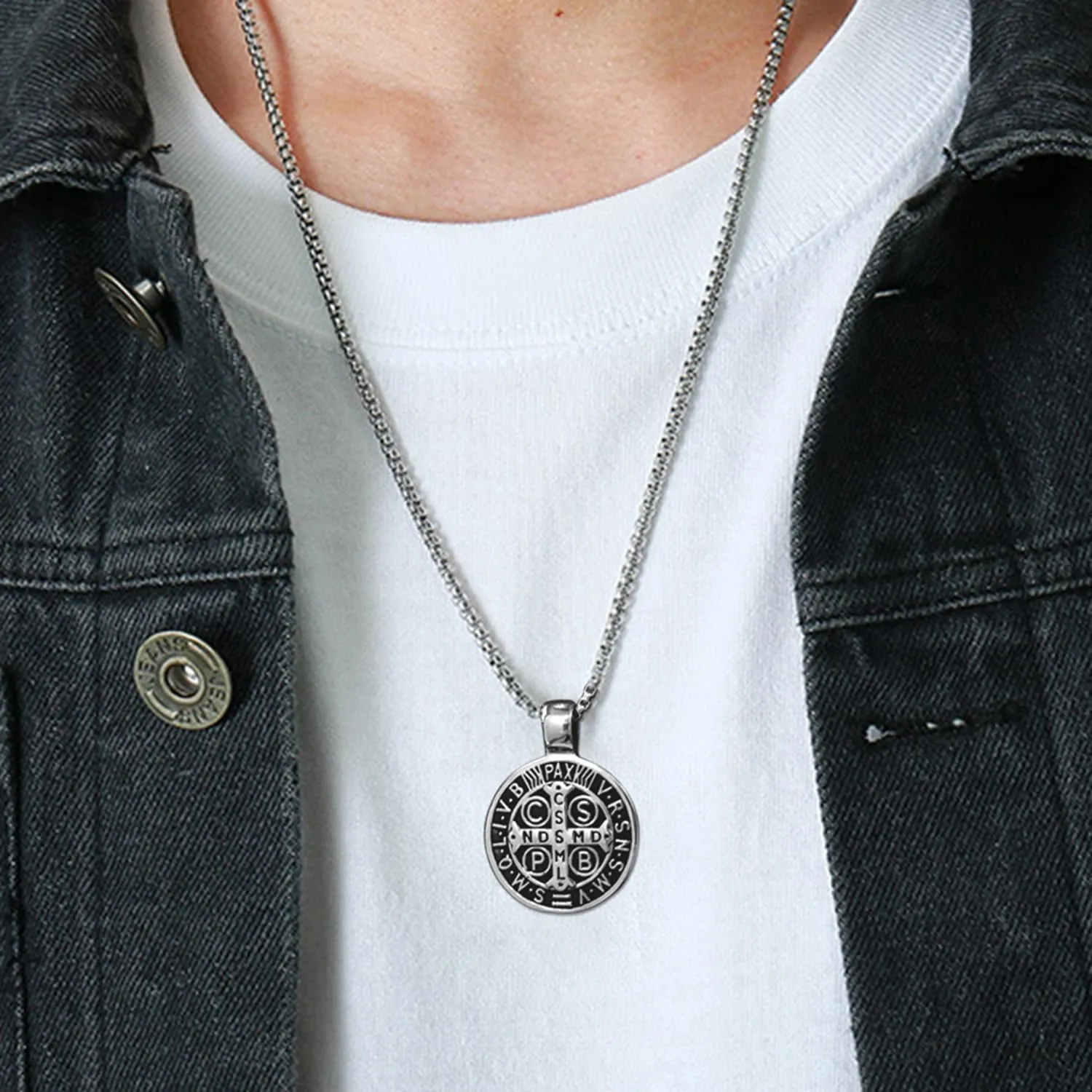 Mens Stainless Steel St Benedict Medal Necklace,Silver Catholic Medalla Cross Demon Protection Roman Exorcism Pendant Ghost Hunter,Medalla De San Benito Medalla