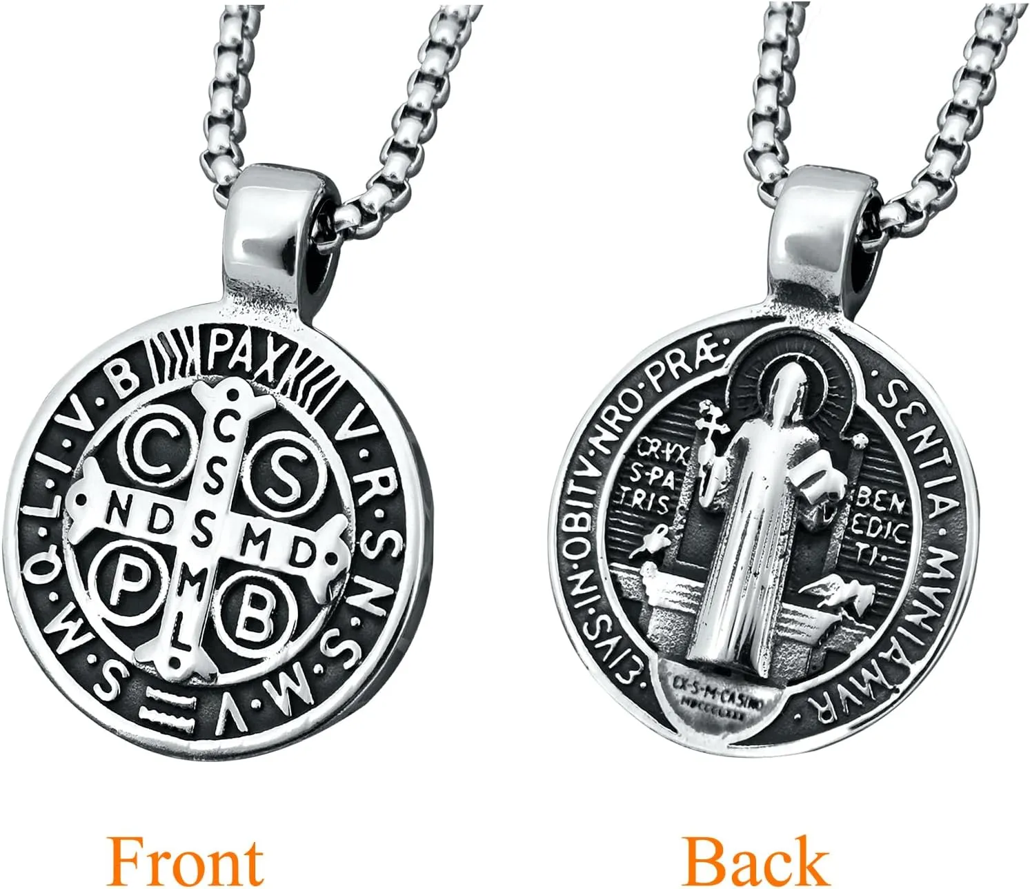 Mens Stainless Steel St Benedict Medal Necklace,Silver Catholic Medalla Cross Demon Protection Roman Exorcism Pendant Ghost Hunter,Medalla De San Benito Medalla