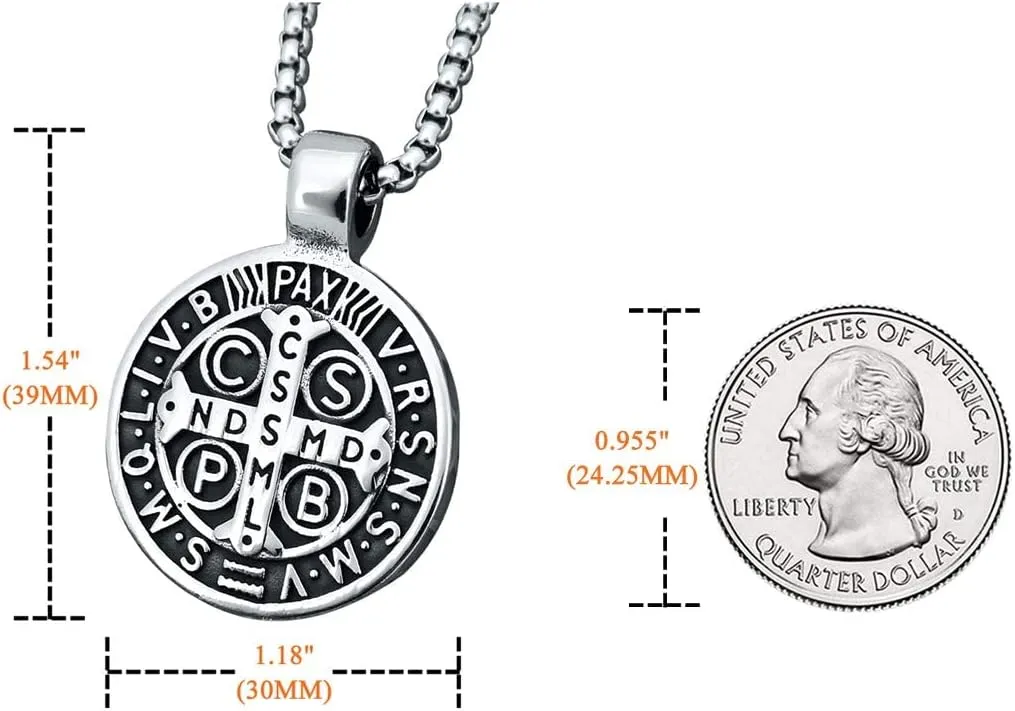 Mens Stainless Steel St Benedict Medal Necklace,Silver Catholic Medalla Cross Demon Protection Roman Exorcism Pendant Ghost Hunter,Medalla De San Benito Medalla