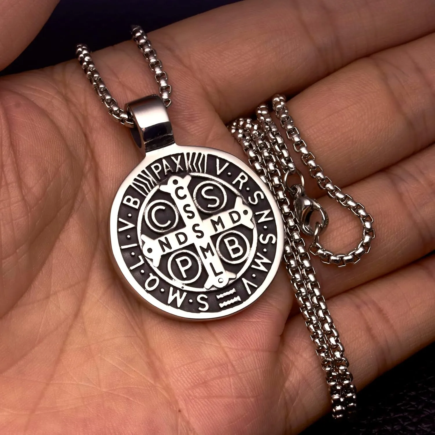 Mens Stainless Steel St Benedict Medal Necklace,Silver Catholic Medalla Cross Demon Protection Roman Exorcism Pendant Ghost Hunter,Medalla De San Benito Medalla