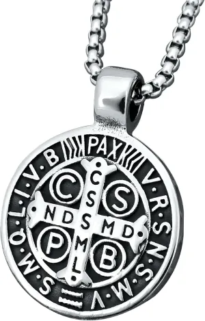 Mens Stainless Steel St Benedict Medal Necklace,Silver Catholic Medalla Cross Demon Protection Roman Exorcism Pendant Ghost Hunter,Medalla De San Benito Medalla