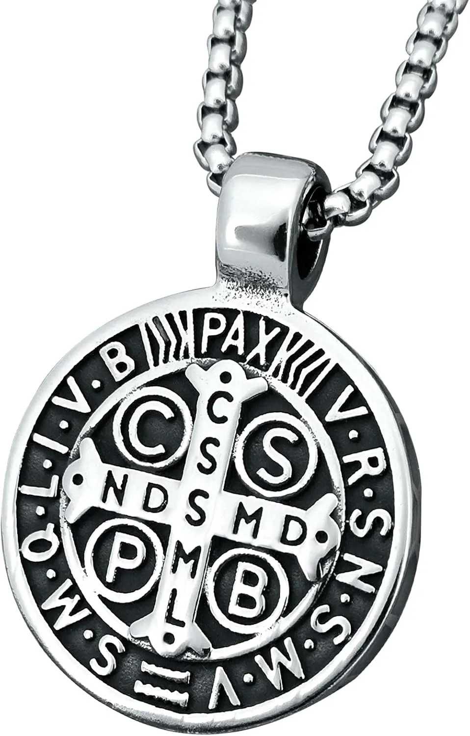Mens Stainless Steel St Benedict Medal Necklace,Silver Catholic Medalla Cross Demon Protection Roman Exorcism Pendant Ghost Hunter,Medalla De San Benito Medalla