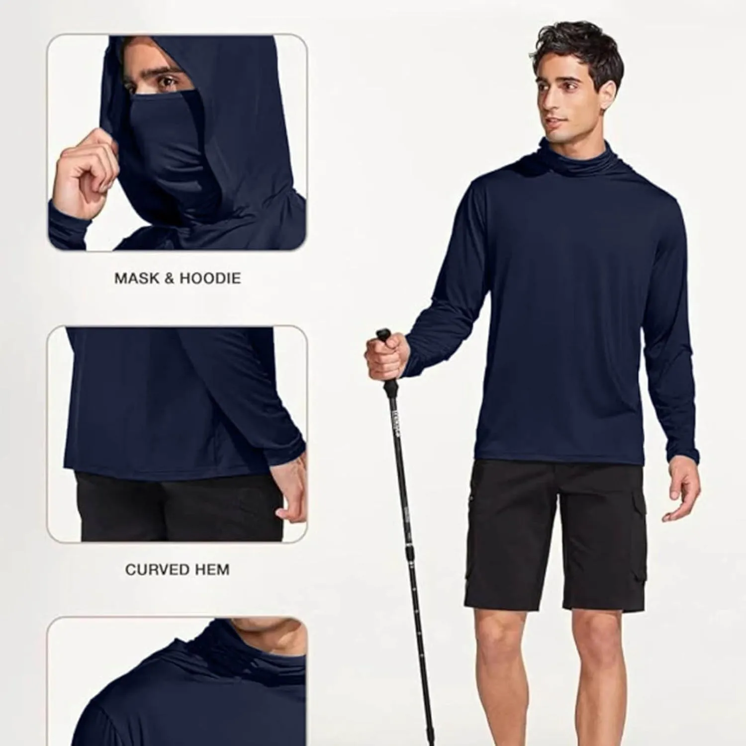 Men's Sun Protection Hoodie with Mask Men Rash Guard Performance Swim Fishing Hiking Shirt Long Sleeve Shirt
