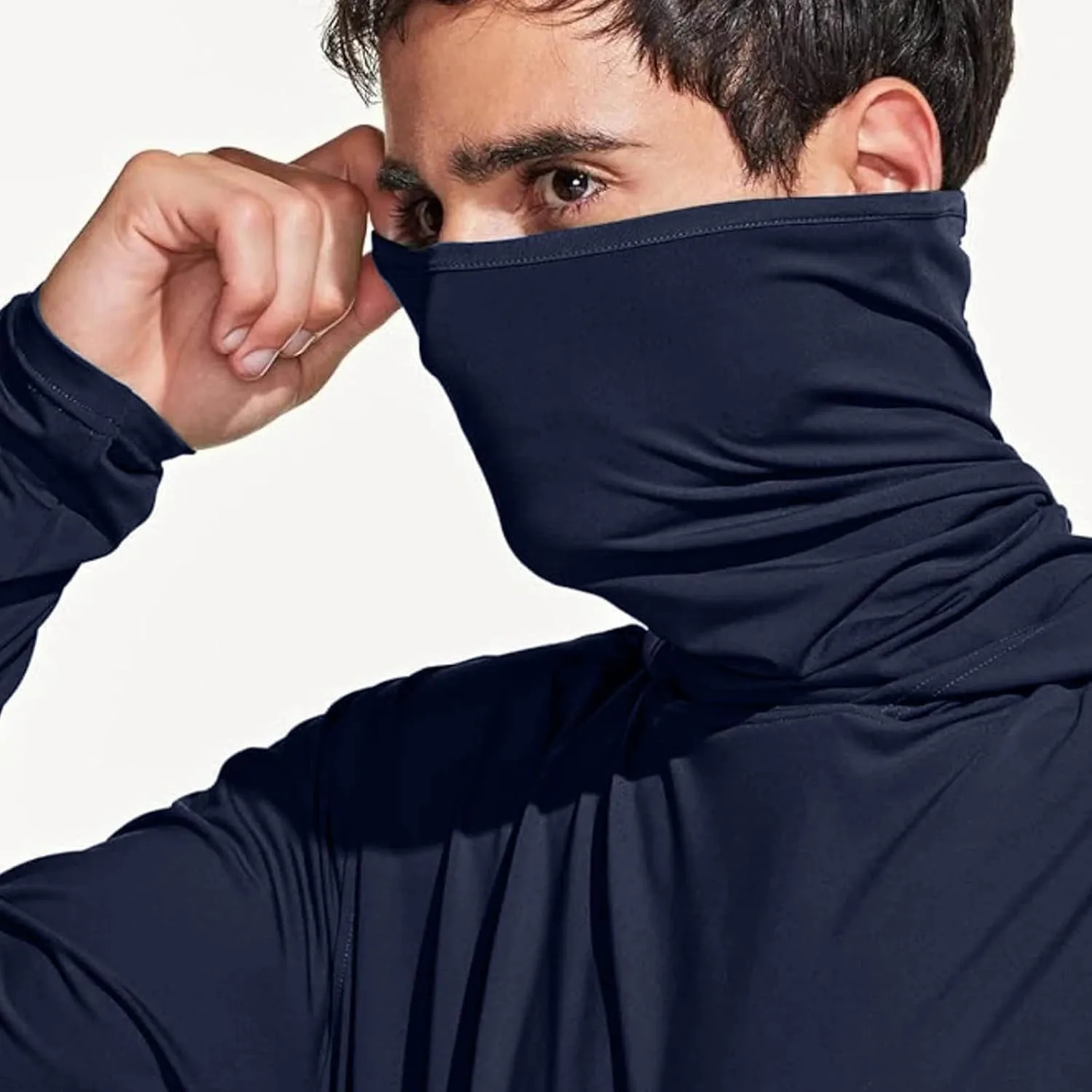 Men's Sun Protection Hoodie with Mask Men Rash Guard Performance Swim Fishing Hiking Shirt Long Sleeve Shirt