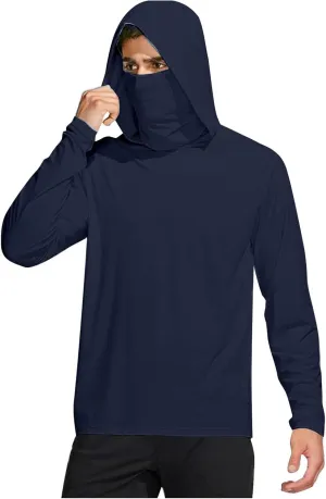 Men's Sun Protection Hoodie with Mask Men Rash Guard Performance Swim Fishing Hiking Shirt Long Sleeve Shirt