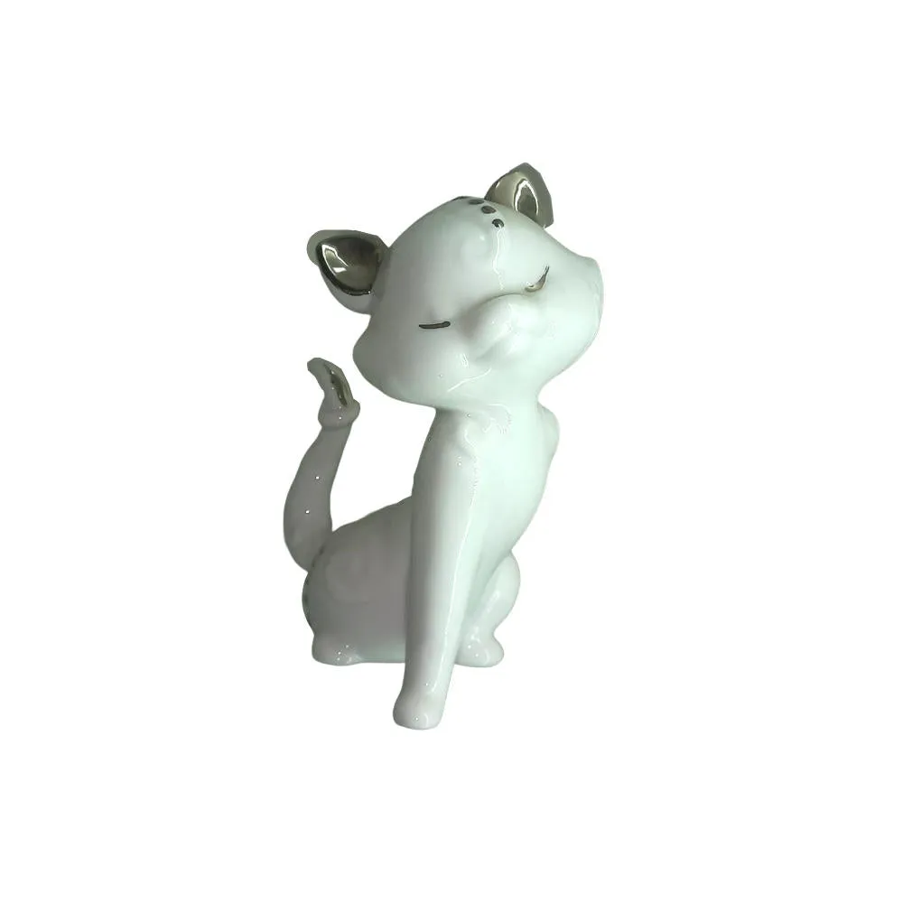 Sharon Gatto H.12x6 In Porcellana Bianca e Filo Platino Gattino