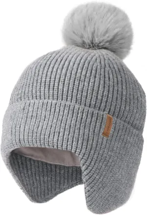 Toddler Baby Winter Hat Warm Fleece Lined Knit Kids Hat with Earflap Infant Newborn Pom Pom Beanie Knit Cap Girls Boys