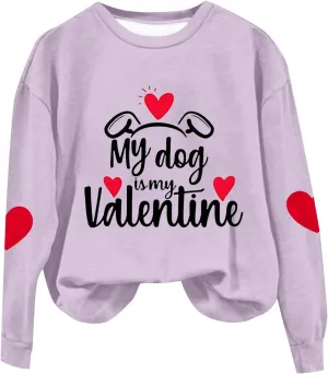 Valentines Day Shirts Women Love Heart Print Graphic Tees My Dog is My Valentine Long Sleeve Tops Dressy Casual