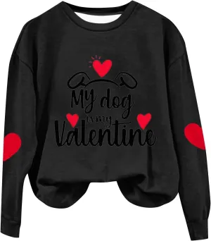 Valentines Day Shirts Women Love Heart Print Graphic Tees My Dog is My Valentine Long Sleeve Tops Dressy Casual