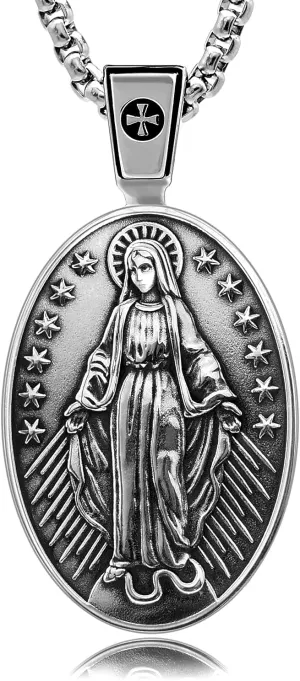 VENICEBEE? Virgin Mary Miraculous Medal Devotional Mother Of God Christian Sacramental Amulet Solid 925 Sterling Silver Pendant Necklace   Black Velvet Pouch, Polishing Cloth, Fine Jewelry Gift Box
