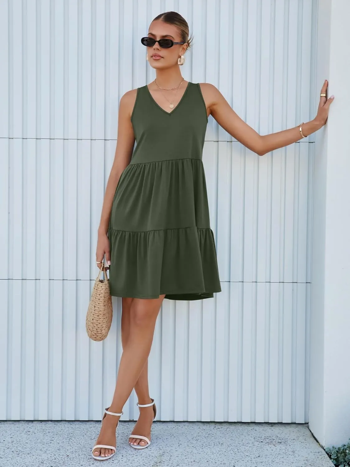 Womens Summer Dresses V Neck Tank Tiered Flowy Mini A Line Casual Sundress with Pockets