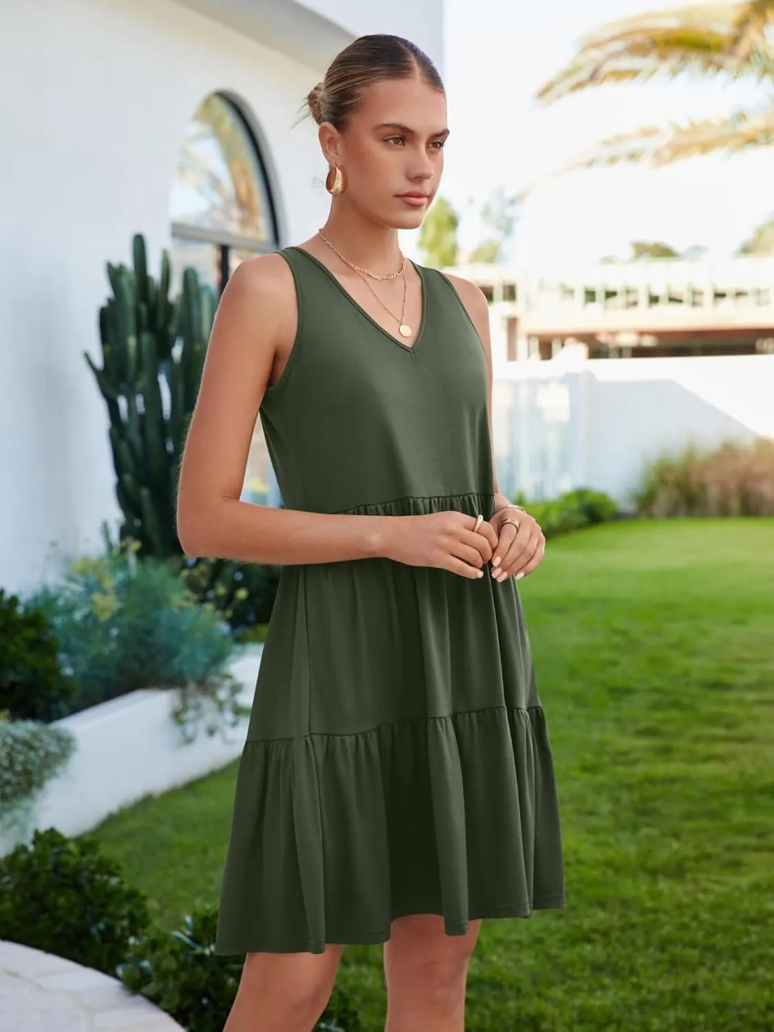 Womens Summer Dresses V Neck Tank Tiered Flowy Mini A Line Casual Sundress with Pockets