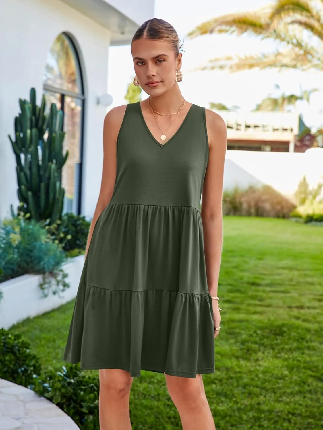 Womens Summer Dresses V Neck Tank Tiered Flowy Mini A Line Casual Sundress with Pockets