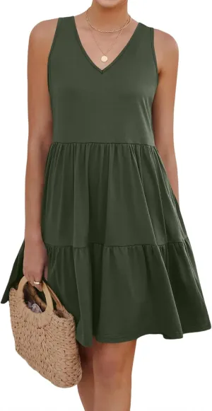 Womens Summer Dresses V Neck Tank Tiered Flowy Mini A Line Casual Sundress with Pockets